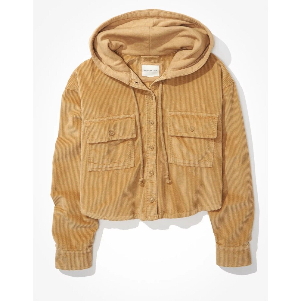 AE American Eagle Hooded Cropped Corduroy Button-Up Shirt Womens Size XS‎